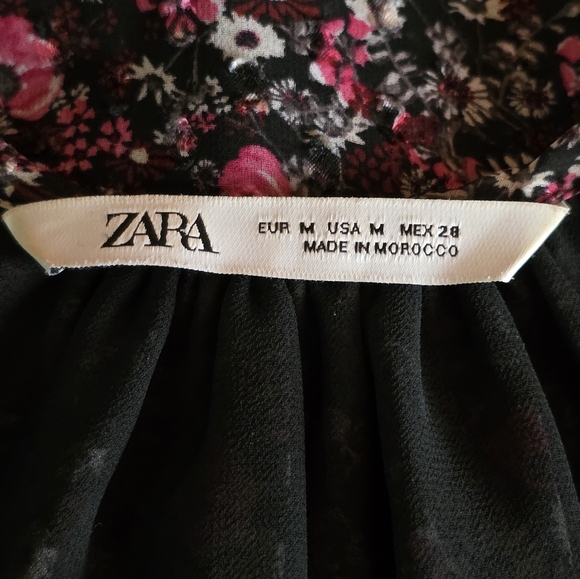 Zara Black Pink Floral Long Sleeve Tiered Mini Dress Size M Boho Cottagecore - Picture 6 of 7